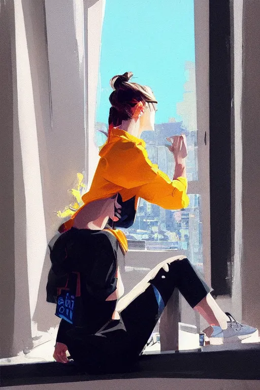 Prompt: A ultradetailed beautiful panting of a stylish woman sitting next to a window, she is wearing streetwear, bright sunny day, Oil painting, by Ilya Kuvshinov, Greg Rutkowski and Makoto Shinkai