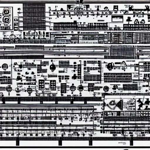 Image similar to a schematics of a modular synthesizer, cave painting, musical,