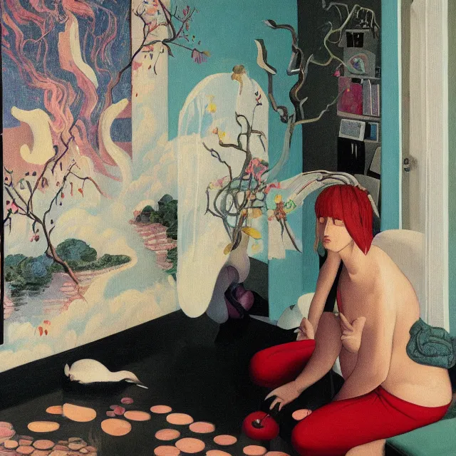 Image similar to female emo art student in her apartment, painting of flood waters inside an artist's feminine bedroom, a river flooding indoors, pomegranates, pigs, ikebana, water, octopus, river, rapids, waterfall, black swans, canoe, berries, acrylic on canvas, surrealist, by magritte and monet