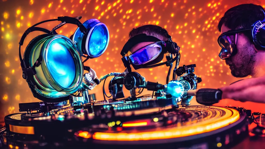 Image similar to a person wearing goggles and visor and headphones using a steampunk record player contraption, wires and tubes, turntablism dj scratching, intricate planetary gears, cinematic, imax, sharp focus, leds, bokeh, iridescent, black light, fog machine, hazy, lasers