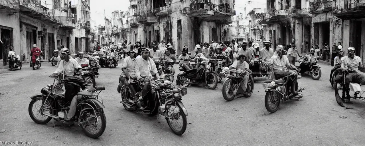 Image similar to a group of people in 1 9 5 0's cuba driving motorcycles made out of spaghetti, canon 5 0 mm, cinematic lighting, photography, retro, film, kodachrome