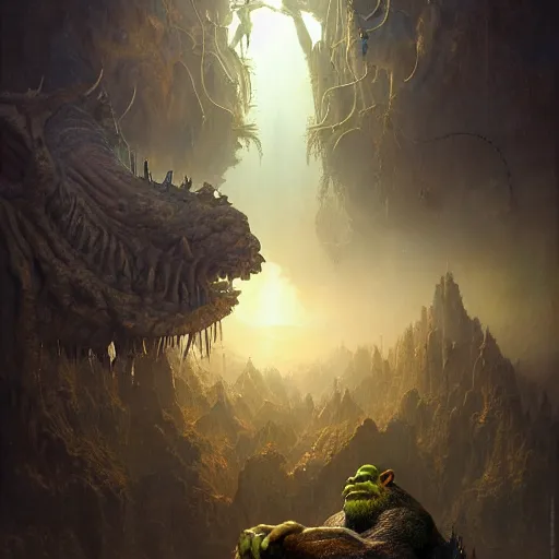 Image similar to a hyperrealistic illustration of a mix of an oger and giant and goblin, 8 k ultra realistic creature, detailed intricate, with fractal sunlight, award - winning, masterpiece, in the style of tom bagshaw, cedric peyravernay, peter mohrbacher