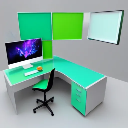 Prompt: 3 d rendering desk setup, colors light green, light blue, light purple, light yellow