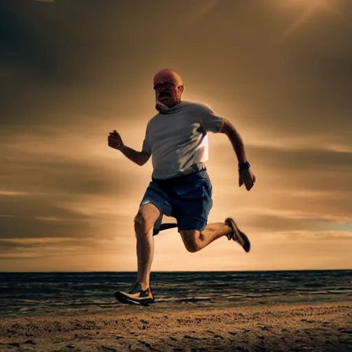 Image similar to Walter White running on the beach, artistic, 8k, cinematic, accurate, symetric, face, dramatic lighting, pastel colours