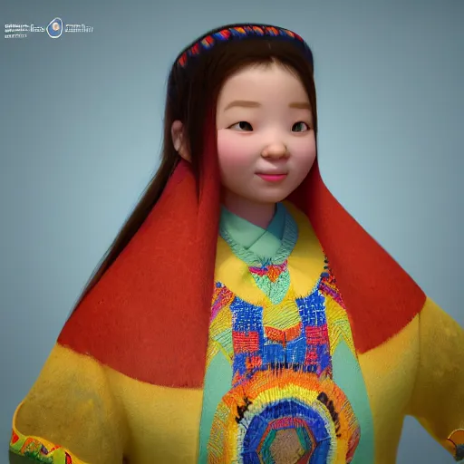 Prompt: “3d pixar render of a girl in traditional mongolian clothes, artstation, uhd, photorealistic”