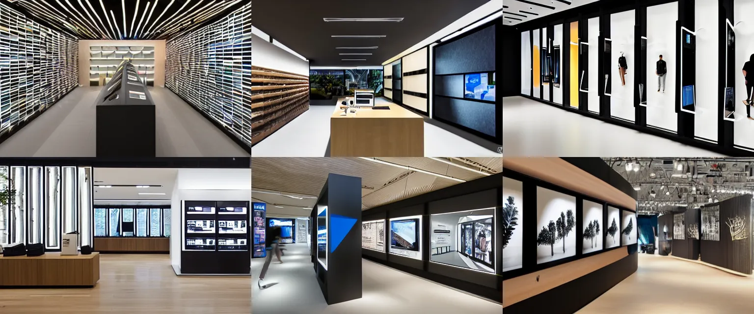 Prompt: A flagship Samsung store. black walls. timber floor. high ceilings with spots. internal overgrown lush forest plants. modern wood furniture with phones and tablets, large digital screens with videos on the walls. Minimalist, High-tech environment, warm and happy, clean shapes, inviting. Architectural photography, 14mm, High Res 8K. award winning architectural design, inspired by Arne Jacobsen, Niels Otto Møller, Verner Panton, Scandinavian Design