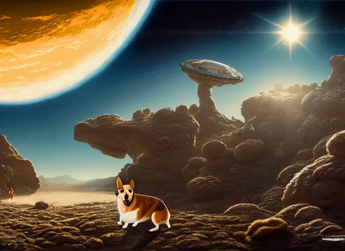 Prompt: highly detailed illustration of a corgi visiting an alien planet, artstation, cinematic lighting, hyperdetailed, cgsociety, 8k, high resolution, by Norman Rockwell, insanely detailed and intricate