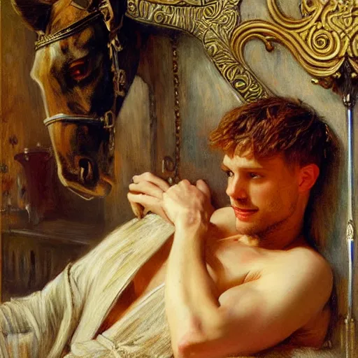 Image similar to attractive arthur pendragon confesses his love for his attractive knight. highly detailed painting by gaston bussiere and j. c. leyendecker 8 k