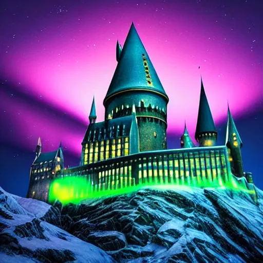 Prompt: “Hogwarts School of Witchcraft and Wizardry with the norther lights in the background. 4k, 8k, unreal 5, very detailed, hyper control-realism,.”