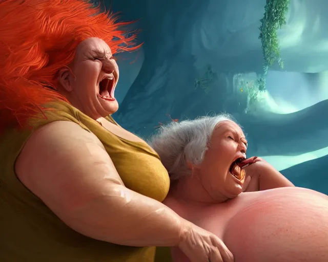 Image similar to of a very beautiful scene. ambient occlusion render. a sweet fat old woman is giving birth to a huge colorful fish. hyper realistic. 4 k. wide angle. wild, red mouth, blue eyes. deep focus, lovely scene. ambient occlusion render. concept art. unreal engine.