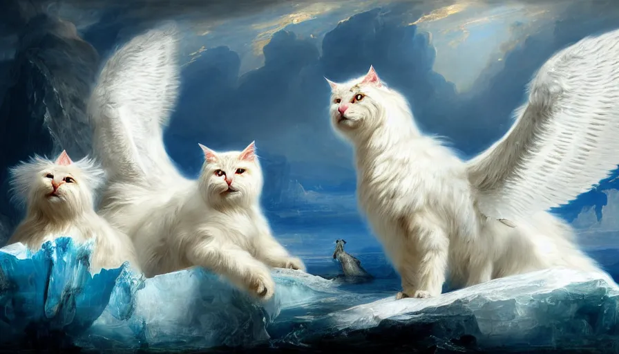 Image similar to highly detailed painting of white giant griffon cat bears with large feathered wings on a blue and white iceberg by william turner, by greg rutkowski, by william constable, thick brush strokes and visible paint layers, 4 k resolution