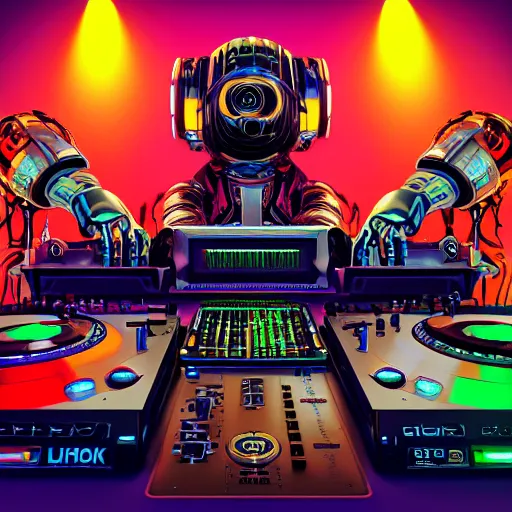 Prompt: album art, roborock, 3 steampunk spaced out robots on a dj desk with a cd mixer, 8 k, flourescent colors, halluzinogenic, multicolored, exaggerated detailed, front shot, 3 d render, octane
