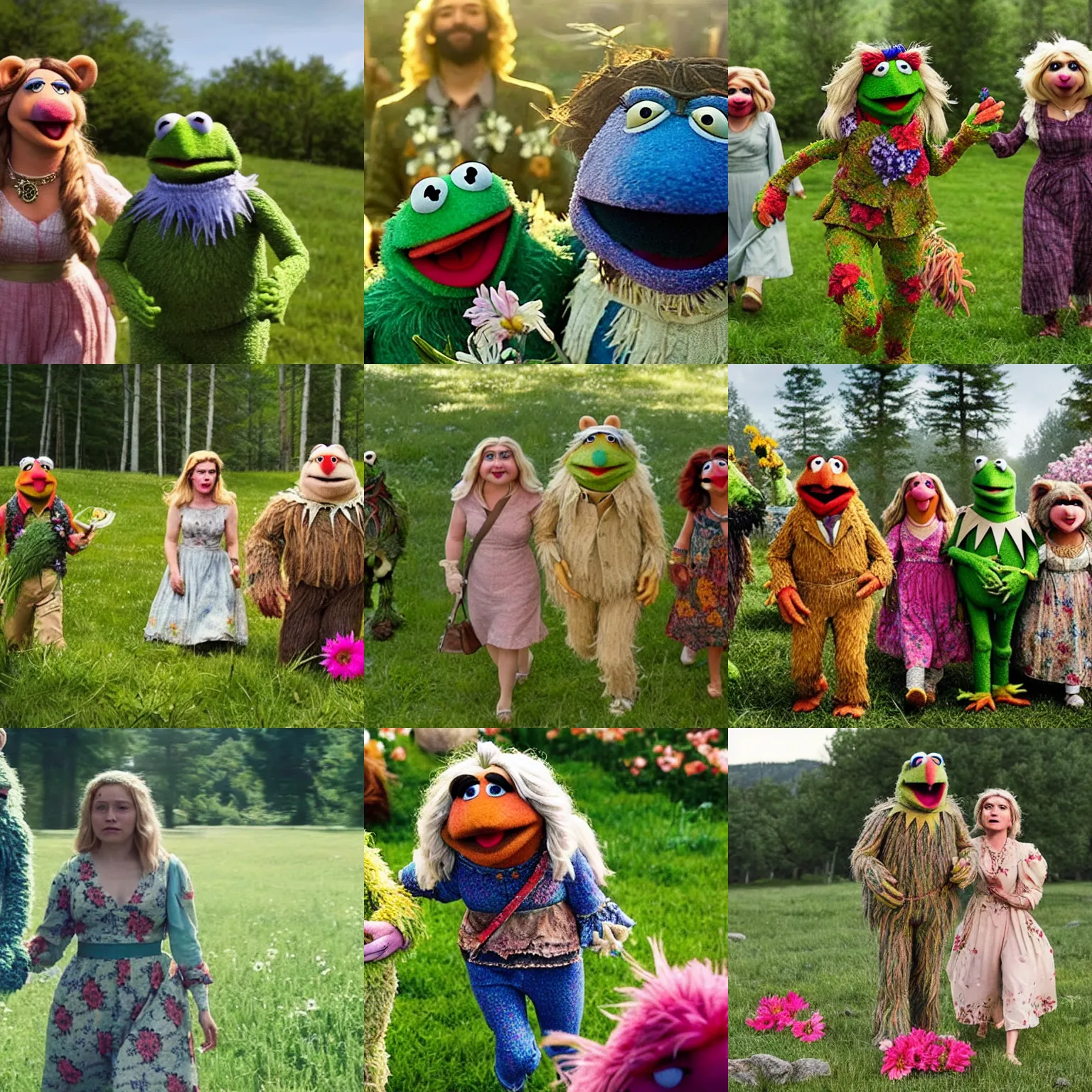 Prompt: “Movie still of Muppets Midsommar (2019) by Ari Aster”