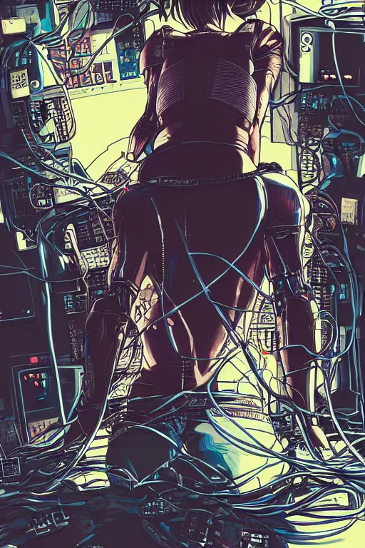 Image similar to hypedetailed cyberpunk illustration of motoko kusanagi kneeling on the floor in a tech lab, with a mess of wires and cables coming out of her head and backside, by masamune shirow and katsuhiro otomo, colorful, complex, back view