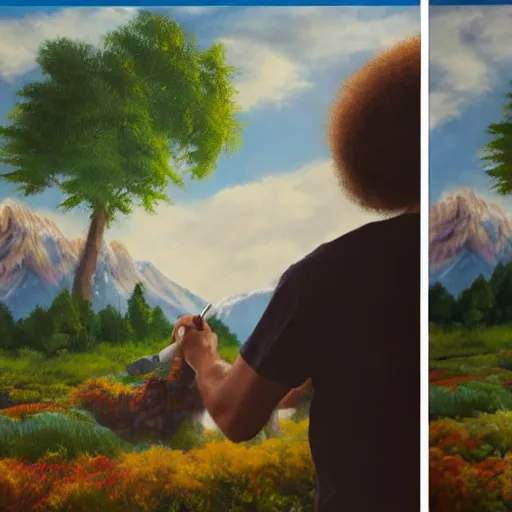 Image similar to a closeup photorealistic photograph of bob ross working on a canvas painting of cookie monster. film still. brightly lit scene. mountains and trees. this 4 k hd image is trending on artstation, featured on behance, well - rendered, extra crisp, features intricate detail, epic composition and the style of unreal engine.