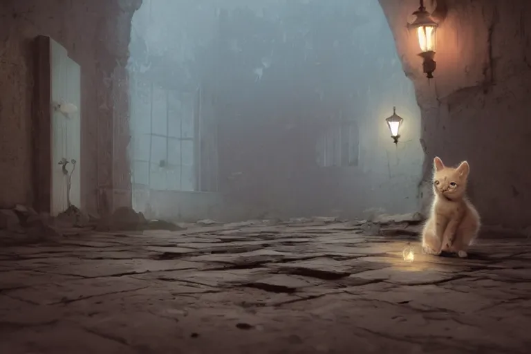 Image similar to a cute kitten wearing a dress is on an adventure through an abandoned town in the night, 3d scene, render, ultra realistic, zenith view, Greg Rutkowski, artstation, cgsociety, level design, unreal engine, 3d scene, render, ultra realistic, Enki Bilal style