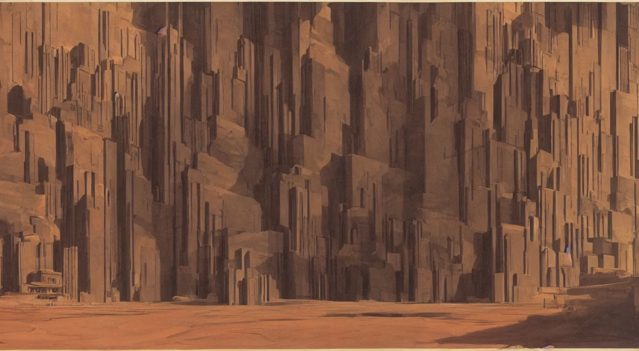 Image similar to chiaroscuro gouache by james gurney. building designed by frank lloyd wright. dune palace. composed by directory kurosawa ( 1 9 6 2 )