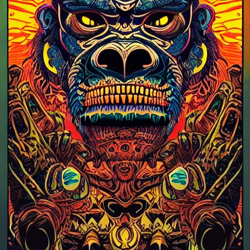 Image similar to barong family member with face and hands crossed, wiwek, mara demon, one single tribe member, jungle, one single mask, dark, ancient warrior, gorilla, lizard, tribal, inner glow, art by dan mumford and justin gerard