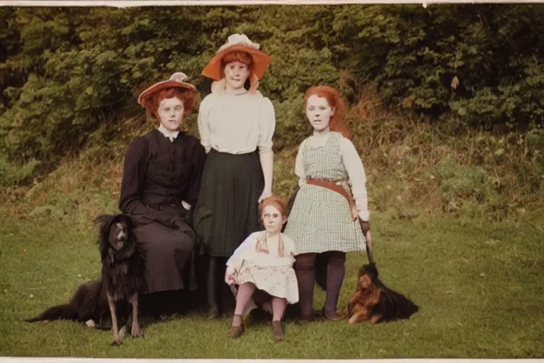 Prompt: autochrome photograph, family photo, anne of the green gables with her elder step parents, and a border collie sitted aside.