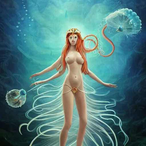 Prompt: Full body photo of the most beautiful goddess, she has a jellyfish head and a siren body, some tentacles are touching her, she flying to heaven through the clouds, she is swimming and leading some chrysaora hysoscella with smoke behid her, by Tooth Wu, trending on Artstation, digital art, symmetrical artwork, cinematic, hyper realism, high detail, octane render, 4k, 8k