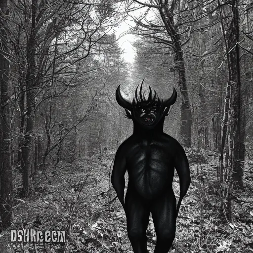 Prompt: dashcam photo of a humanoid devil monster caught in the woods, dark, heavy, night,