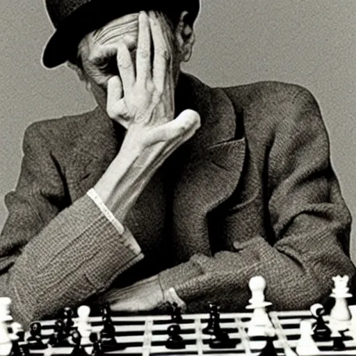 Prompt: a filmstill of Marcel Duchamp playing chess, reuters by Irving Penn