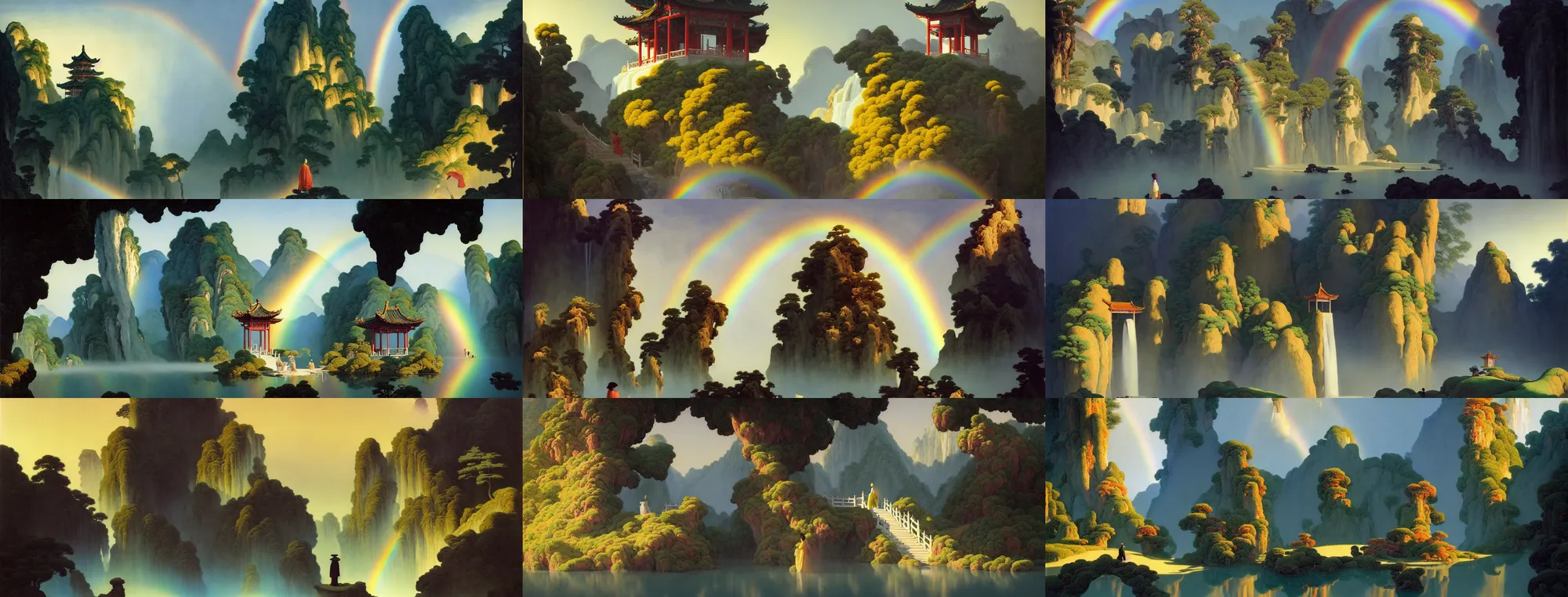 Image similar to a gorgeous landscape painting by barlowe wayne, maxfield parrish and marco mazzoni. chinese temple. sunny morning. a lonely chinese wuxia walks on the winding stone steps, stone gate to the dark cave, 3 d, octane render, turbulent lake, waterfall. fog, just one rainbow. 8 k.