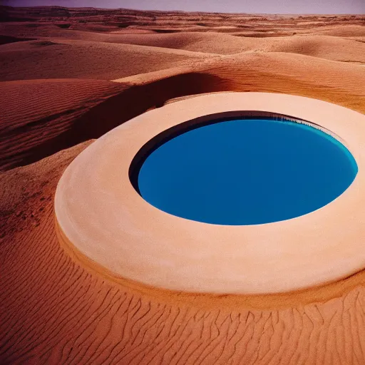 Image similar to a Non-Euclidean orb-like clay building sitting in the desert, vintage photo, beautiful cinematography, blue sky, film grain, aerial view, extreme wide shot, far away, symmetrical, in the distance, James Turrell