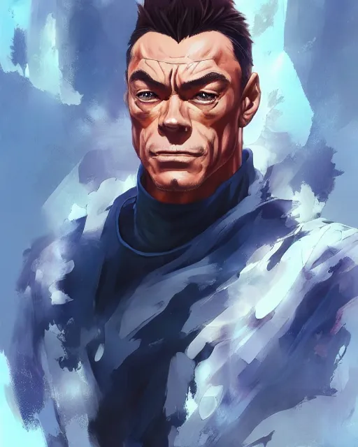 Image similar to anime portrait of Jean Claude van Damme as an anime man by Stanley Artgerm Lau, WLOP, Rossdraws, James Jean, Andrei Riabovitchev, Marc Simonetti, and Sakimichan, trending on artstation