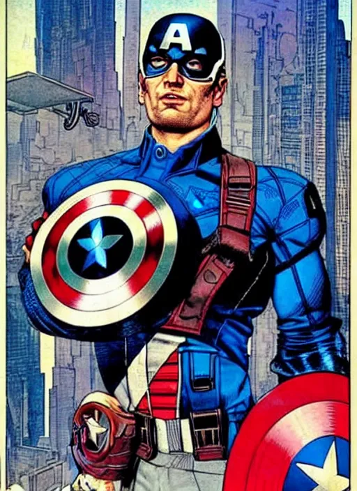 Prompt: captain america as a cyberpunk mercenary. portrait by clyde caldwell and jean giraud and anton otto fischer and john philip falter and will eisner and gil elvgren