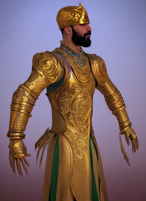 Image similar to portrait of sheikh ruler of dubai, djinn, head and torso only, cinematic lighting, studio quality, smooth render, unreal engine 5 rendered, octane rendered, art style by klimt and nixeu and ian sprigger and wlop and krenz cushart.