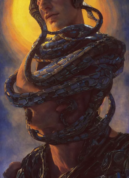 Image similar to biblical mage android snake, deep gaze to the side, closeup, bright glowing veins, in clouds, sunset, portrait, by gerald brom, by mikhail vrubel, by peter elson, muted colors, extreme detail, reflections, trending on artstation, 8 k