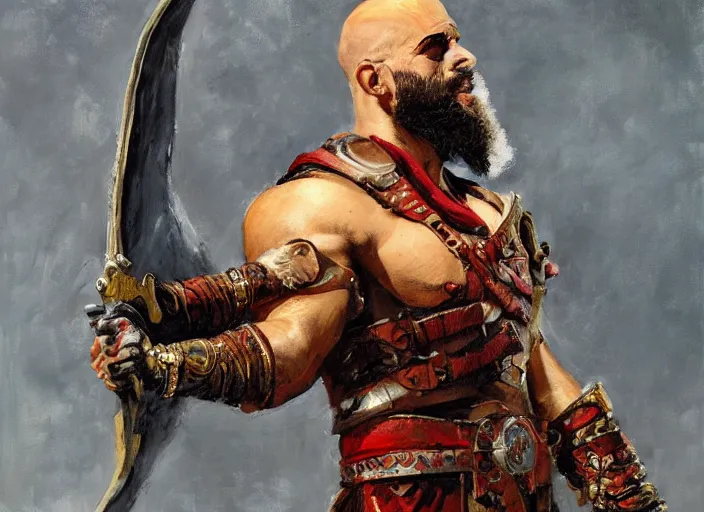 Image similar to a highly detailed beautiful portrait of bad bunny as kratos, by gregory manchess, james gurney, james jean