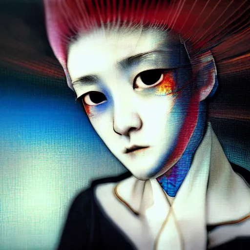 Image similar to yoshitaka amano blurred and dreamy realistic three quarter angle portrait of a young woman with white hair and black eyes wearing dress suit with tie, junji ito abstract patterns in the background, satoshi kon anime, noisy film grain effect, highly detailed, renaissance oil painting, weird portrait angle, blurred lost edges