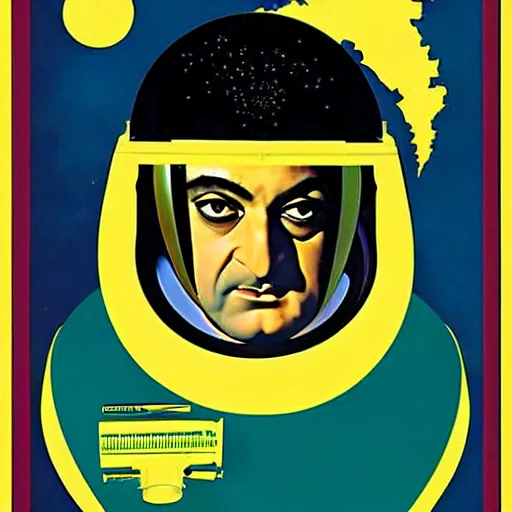 Image similar to legendary space warrior salman rushdie from the year 3 0 0 0, portrait by coles phillips