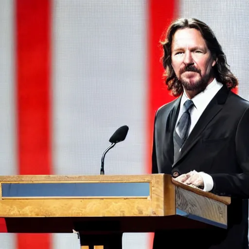 Prompt: Eddie Vedder as the president of the united states in his speech to the U.S., with soft eyes and a soft smile, sharp