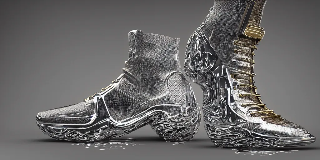 Image similar to one futuristic high - top sneaker with neon illuminated soles on a grey surface, clean 3 d render, beautiful studio lighting, soft, sharp focus, cyberpunk, intricate detail, gold filigree, art by iris van herpen and syd mead and rodin