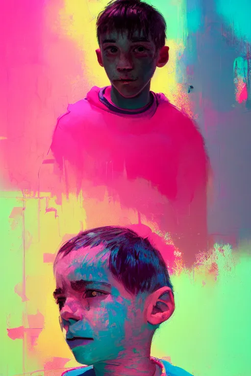 Image similar to portrait of a young boy nor living not death in a postapoliptic forgotten world, in the colors hot pink and cyan, beautiful face, rule of thirds, complex outfit, spotlight, octane render, dramtic lit, by greg rutkowski, by jeremy mann, by francoise nielly, by van gogh, digital painting