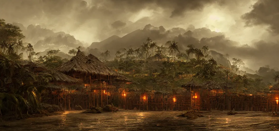 Image similar to wooden palisade wall on a tropical island kit by torches in a Storm night, intricate Details, raphael lacoste, eddie mendoza, alex ross, concept art, matte painting, highly detailed, rule of thirds, dynamic lighting, cinematic, detailed, denoised, centerd, clean render