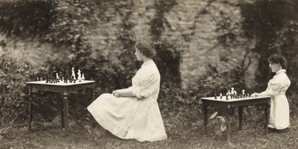 Prompt: a young edwardian woman playing chess against a rabbit