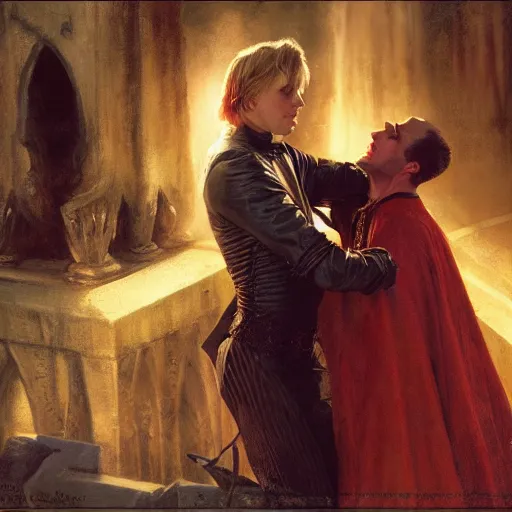 Image similar to attractive male, arthur pendragon confesses his love to attractive male dracula the vampire. highly detailed painting by gaston bussiere, craig mullins, j. c. leyendecker 8 k