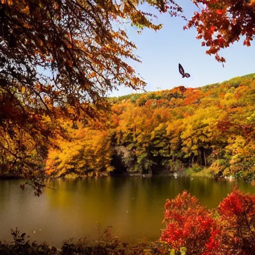 Prompt: a beautiful Autumn lake surrounded by butterflies