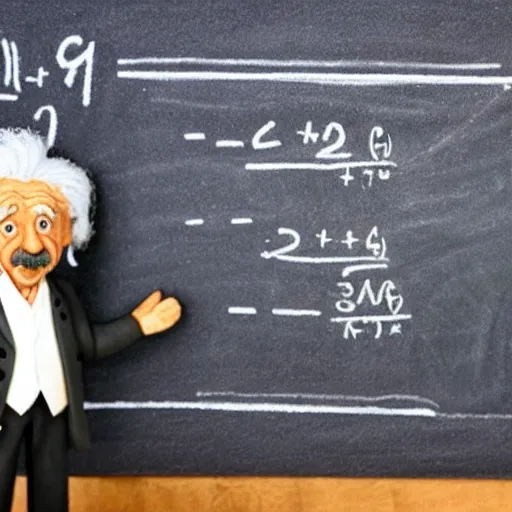 Image similar to miniature claymation albert einstein standing in front of blackboard with lots of mathematical formulas chalked on