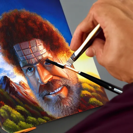 Image similar to a closeup photorealistic photograph of bob ross painting an image of iron man on a canvas. mountains and trees. film still. brightly lit scene. this 4 k hd image is trending on artstation, featured on behance, well - rendered, extra crisp, features intricate detail, epic composition and the style of unreal engine.