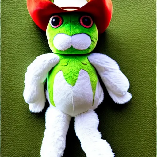 Image similar to cute fluffy plushie cowboy frog, cutecore, shaggy, stuffed animal photography,