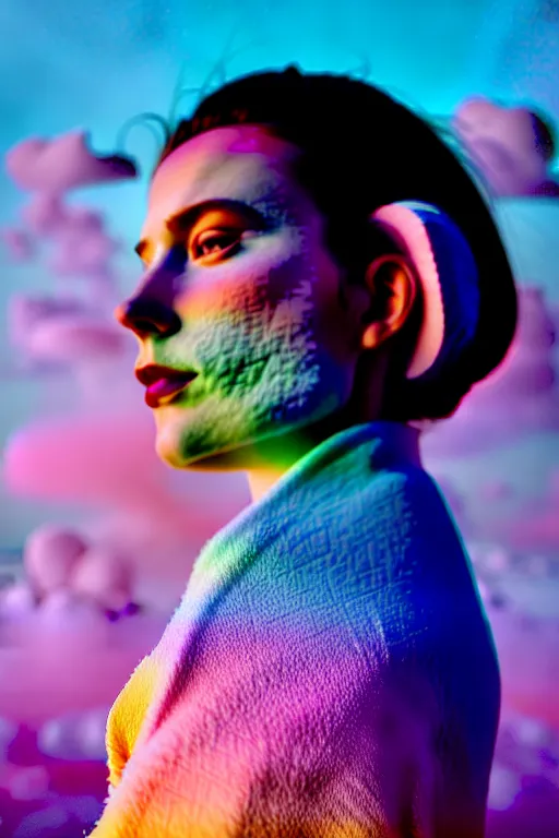 Image similar to high quality pastel coloured film close up wide angle photograph of a model wearing clothing resting on cloud furniture in a icelandic black rock!! environment in a partially haze filled dreamstate world. three point light, rainbow. photographic production. art directed. pastel colours. volumetric clouds. pastel gradient overlay. waves glitch artefacts. extreme facial clarity. 8 k. filmic.