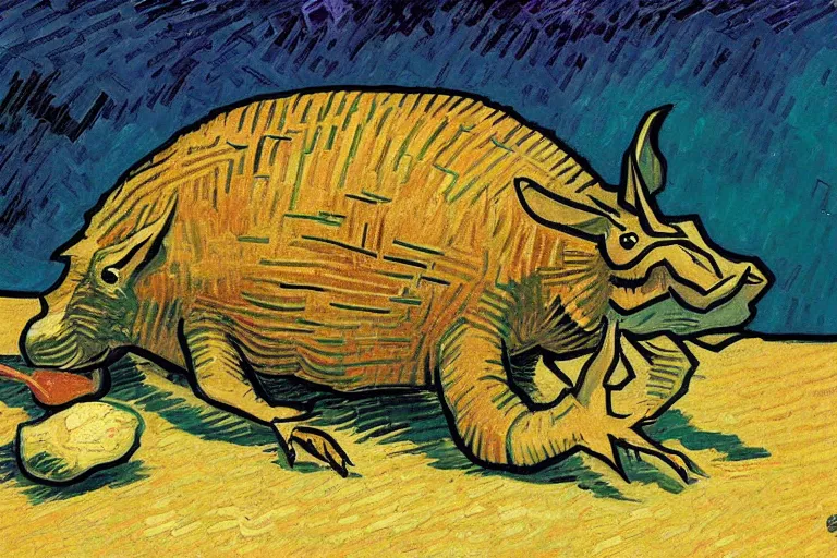 Image similar to an armadillo smoking a joint by vincent van gogh, digital art,