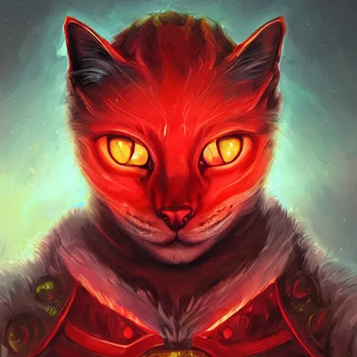 Prompt: portrait of an evil cat man as a paladin in full shining armor with huge beautiful red glowing eyes, oil painting, digital painting, intricate detail, vivid color, neon color, artwork by ross tran