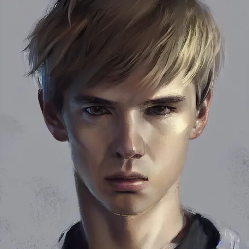 Image similar to Portrait of a man by Greg Rutkowski, he is about 20 years old, west slav features, short blonde hair with bangs, attractive, smart looking, slim, somewhat androgenic, he is wearing a white and black utilitarian jumpsuit, highly detailed portrait, scifi, digital painting, artstation, concept art, smooth, sharp foccus ilustration, Artstation HQ