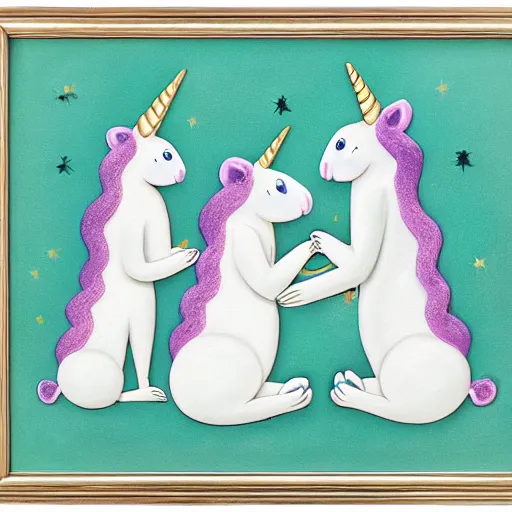 Image similar to A family portrait of unicorns and koalas